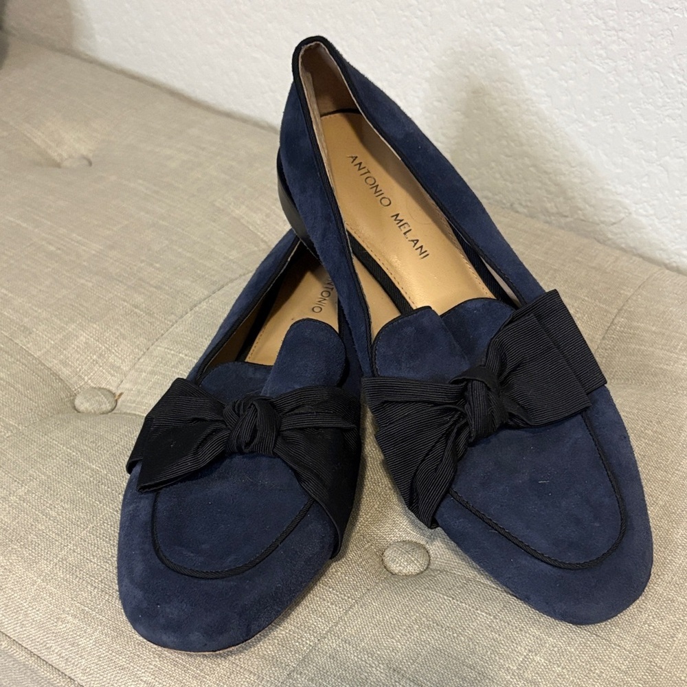 ANTONIO MELANI Navy Suede Loafers with Black Bow
